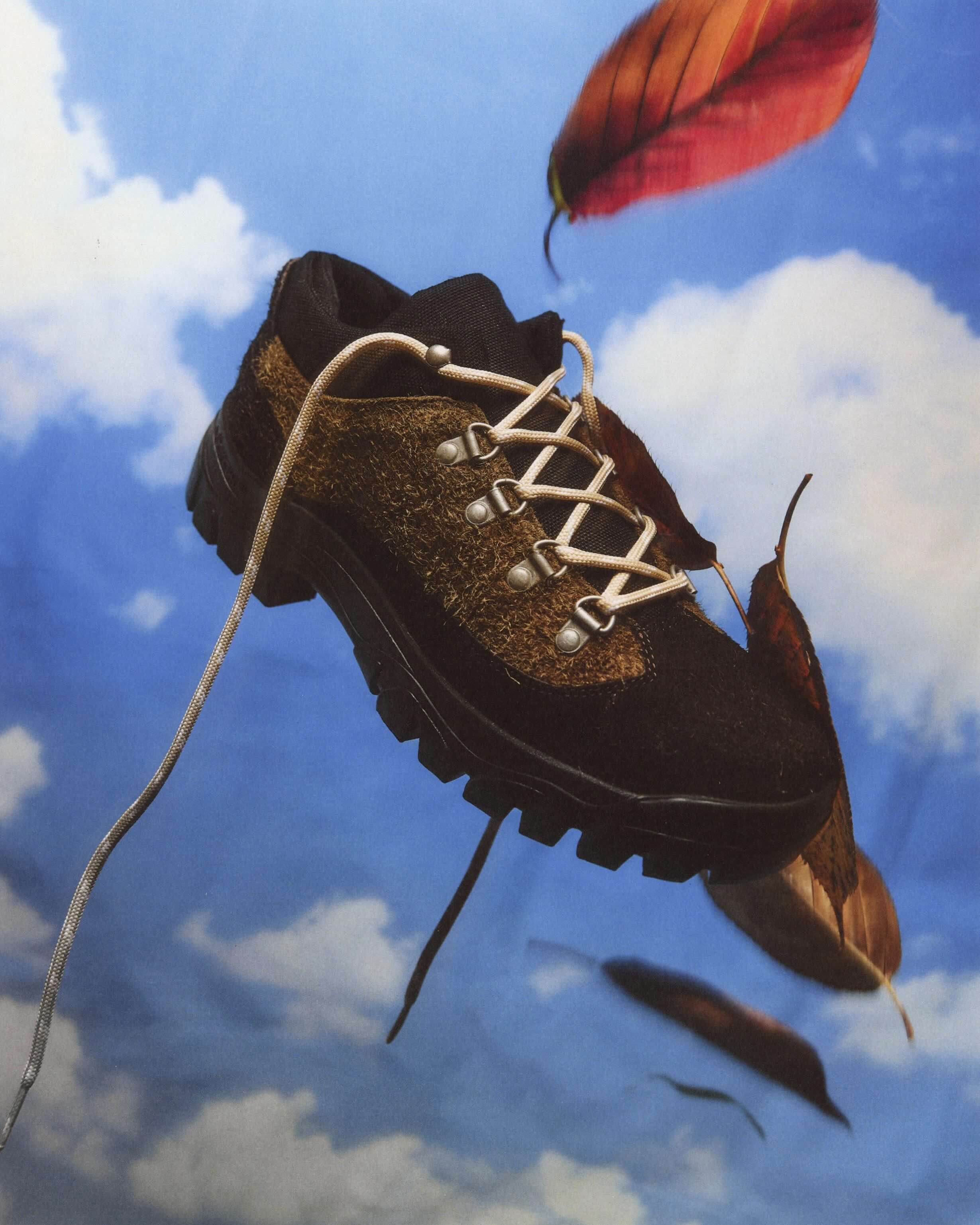 Image of collaborative suede technical hiking shoe on a blue sky background