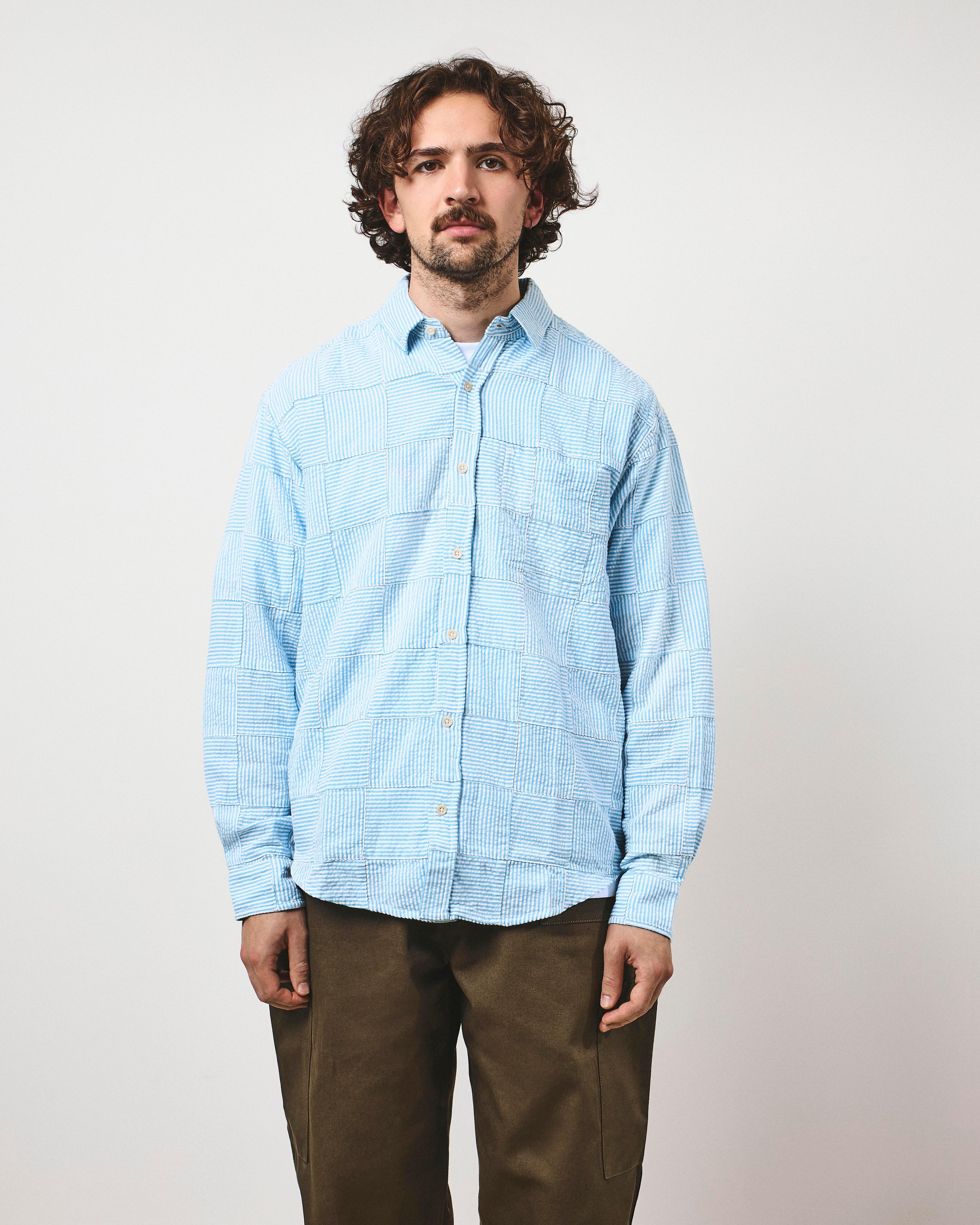 Patchwork Stripe Heritage Shirt - Sky Blue Seersucker