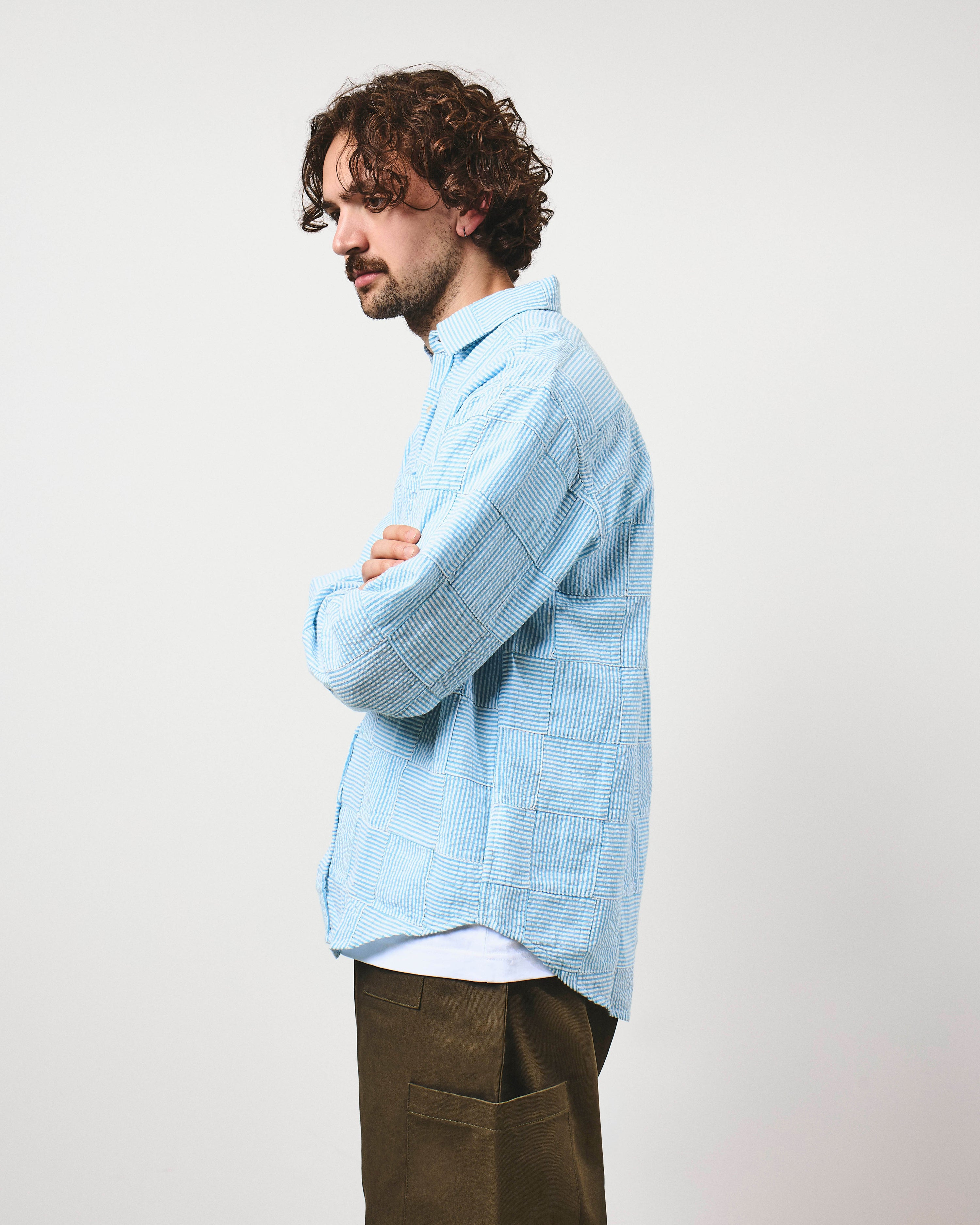 Patchwork Stripe Heritage Shirt - Sky Blue Seersucker