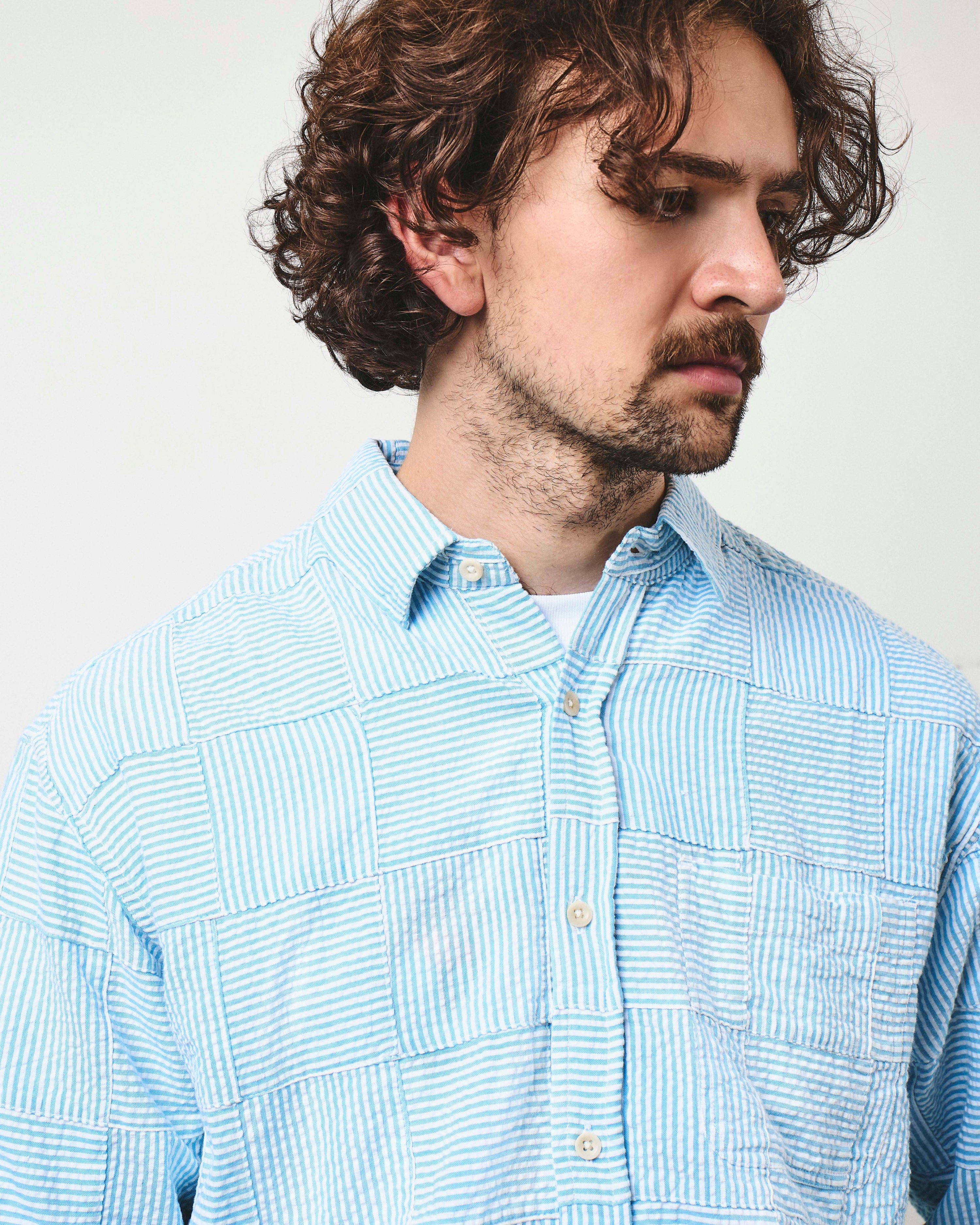 Patchwork Stripe Heritage Shirt - Sky Blue Seersucker