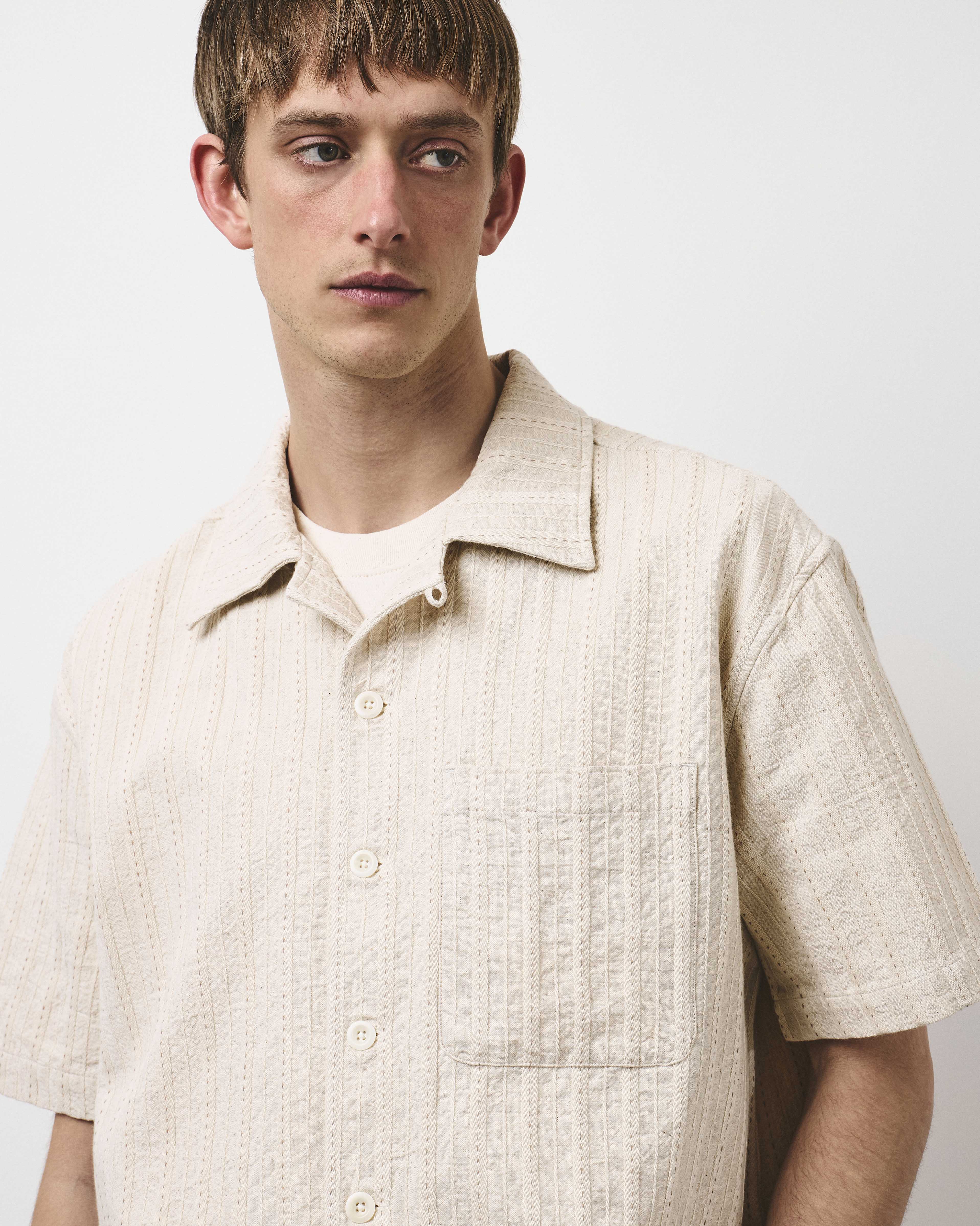 kinema jacquard striped shirt かわしまたかひろ Jacquard Stripe Vacation Shirt - Ecru Stripe – Café Mountain