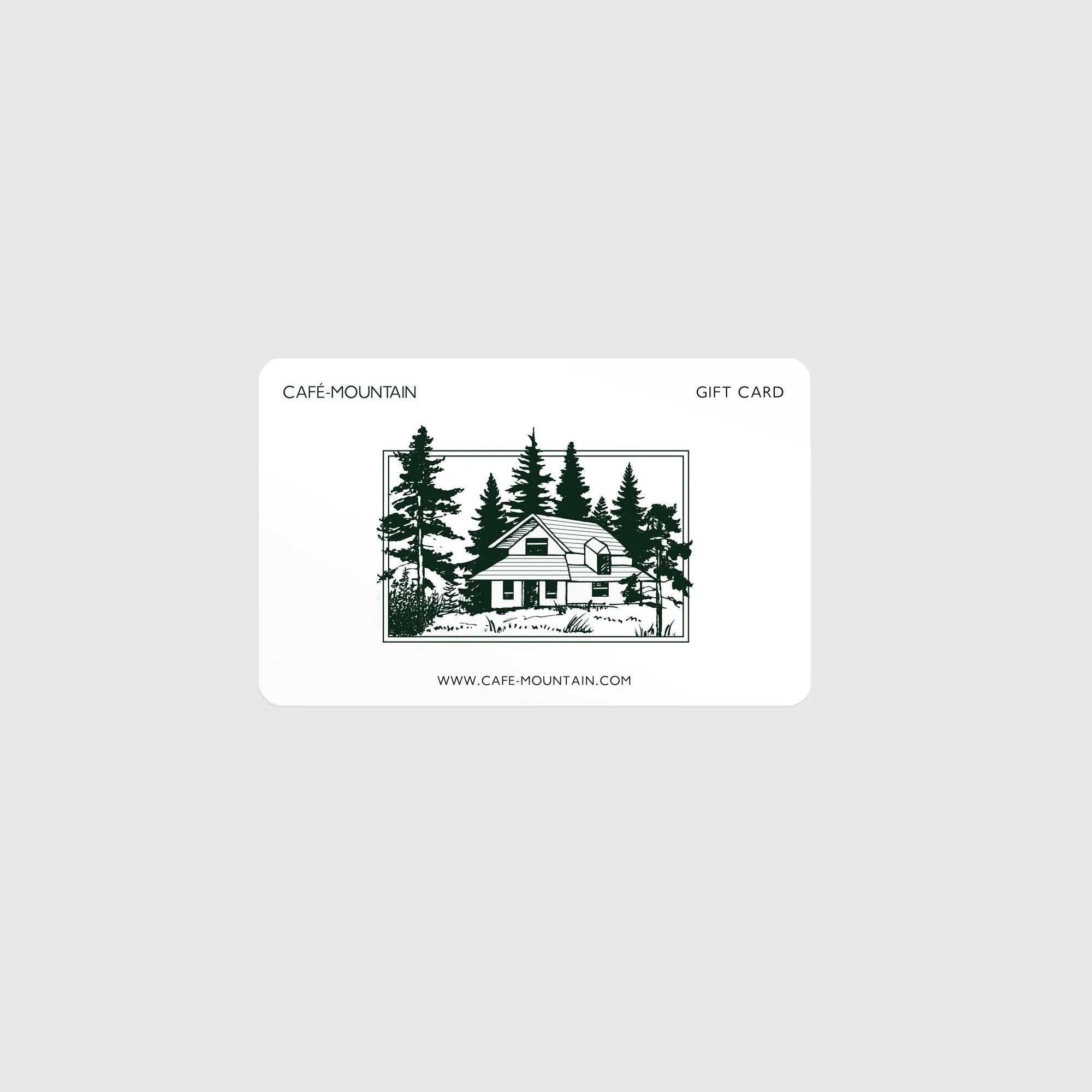 Gift card with a cabin and tree design on a white background